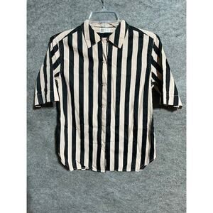Uniqlo Blouse Womens XS Striped Collared Boxy Button Up Short Sleeve Black Brown